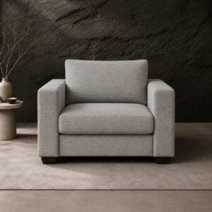 Ashford 1 Seater Couch in light grey textured upholstery with square arms and loose cushions