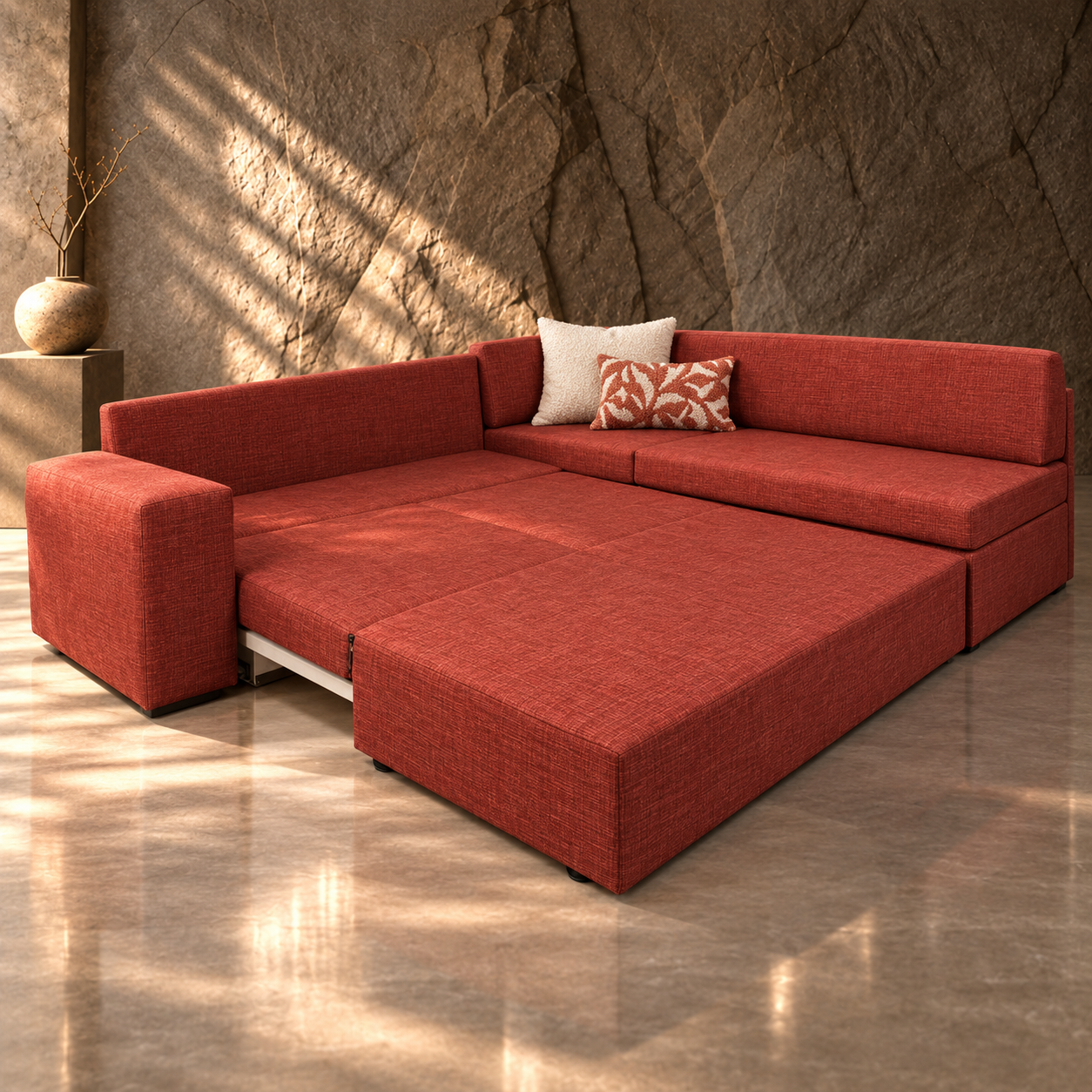 Chiara 2 Piece Lounger with Built-in Sleeper Couch Open View Chiara 2 Piece Lounger with Built-in Sleeper Couch in Grounded 19 Terracotta, showing the extended pull-out sleeper alongside the raised seating section