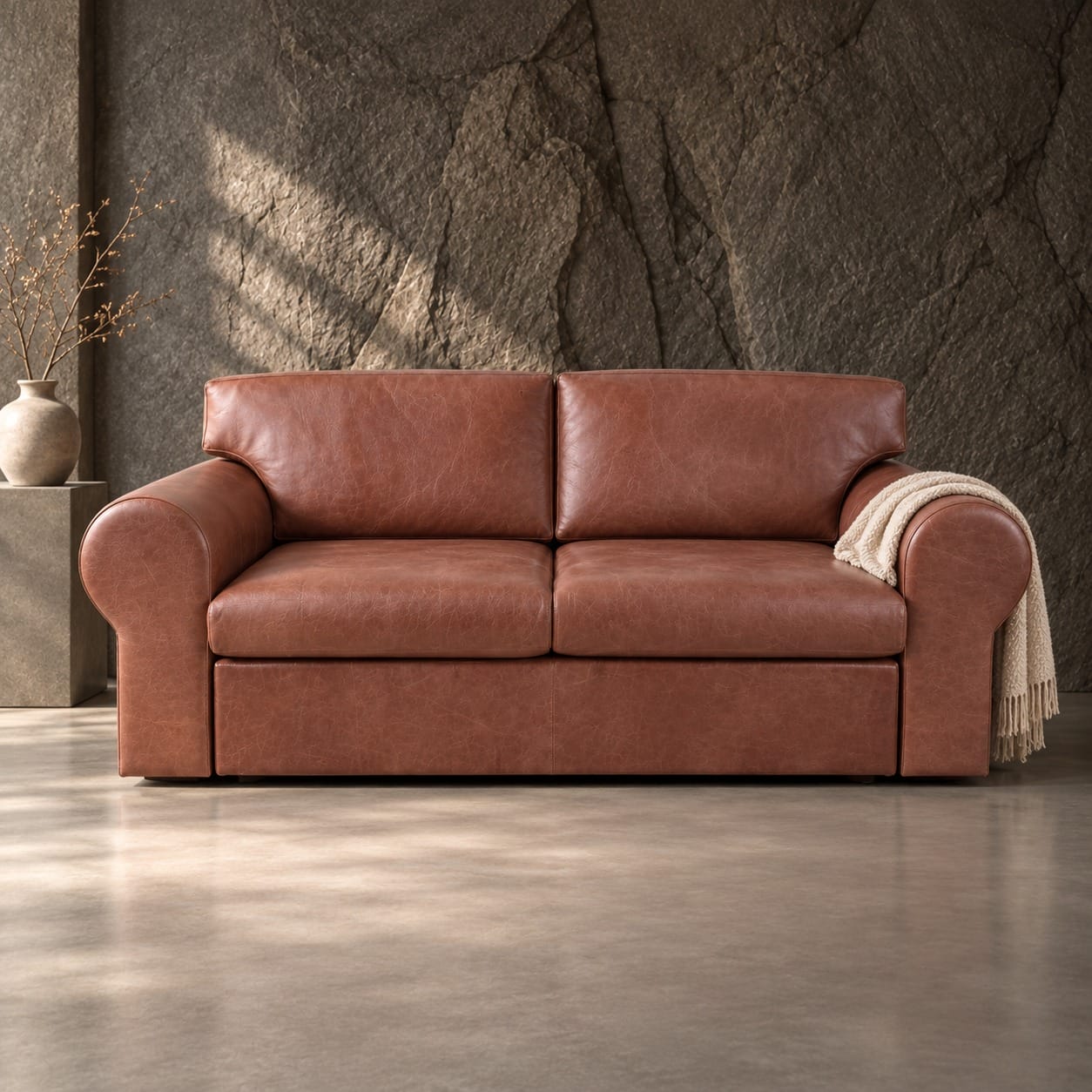 Morrelli Genuine Leather Sleeper Couch in Naku Pacta Pacan leather, closed seating position with rounded armrests morrelli-genuine-leather-sleeper-couch-closed