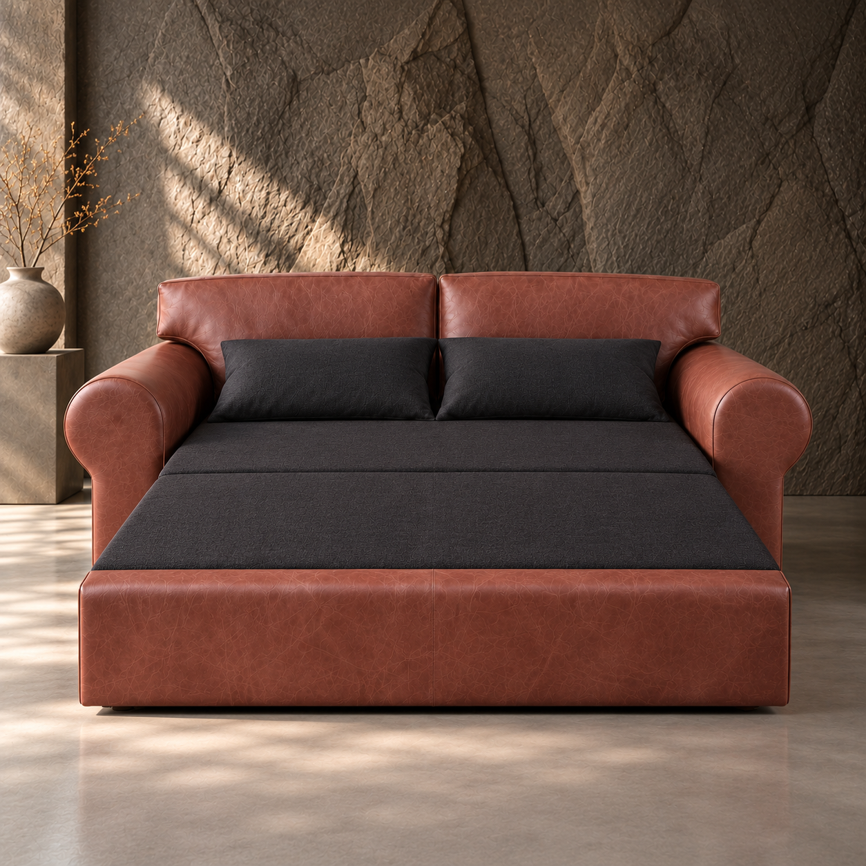 Morrelli Genuine Leather Sleeper Couch Open View Morrelli Genuine Leather Sleeper Couch in Naku Pacta Pacan, fully extended with dark fabric sleeping surface and leather foot panel