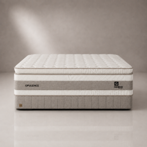 Genessi Opulence Bed Set from the Pearl Collection with pillow top mattress and fluted firm base on a light grey catalogue background.