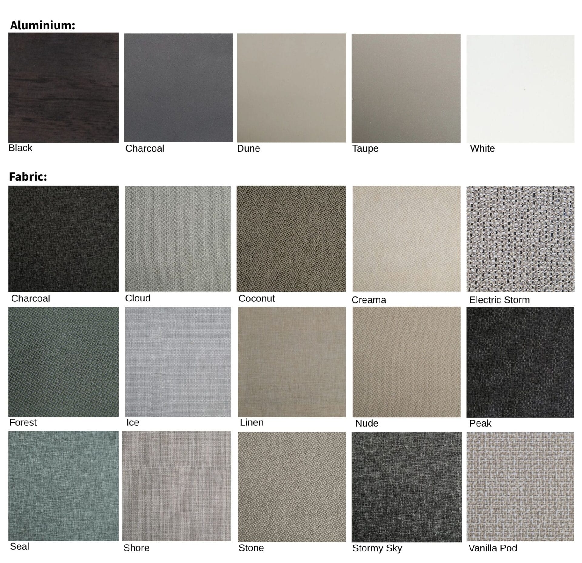 Outdoor Alluminium fabric colour chart