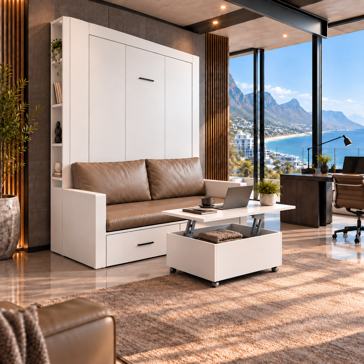 hypnos closed view with coffee table as desk Hypnos Wall Bed with Sofa, Storage & Desk | Space-Saving Wall Bed