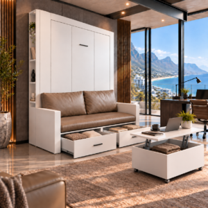 Hypnos Wall Bed with genuine leather sofa cushions, storage drawers and convertible desk table