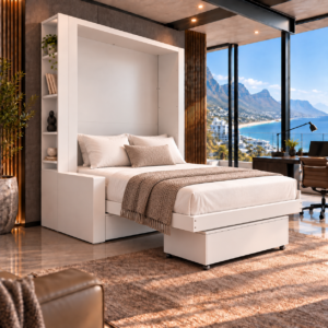 Hypnos Wall Bed with genuine leather sofa cushions, storage drawers and convertible desk table