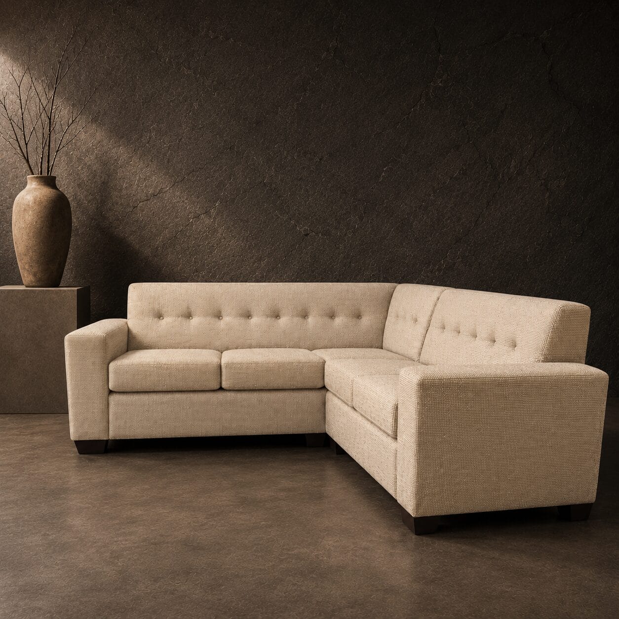 madison L-shape corner lounge suite Madison L-Shape Corner Lounge Suite in light beige woven textured fabric
