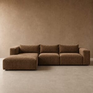Brown corduroy custom modular couch with left corner, centre right corner and ottoman pieces