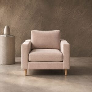 Ritz 1 Seater Couch Couch 1 seat cushion, straight slim arms and tapered legs in a light velvet nude fabric