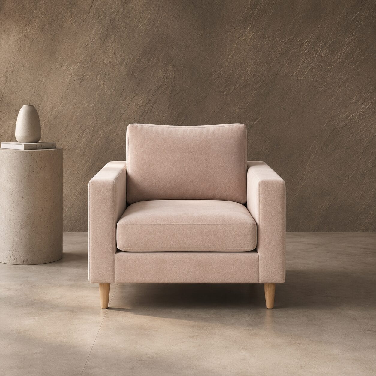 ritz 1 seater couch in velvet nude Ritz 1 Seater Couch Couch 1 seat cushion, straight slim arms and tapered legs in a light velvet nude fabric