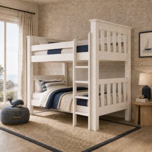 Tristan Double Bunk Bed with single top and bottom bunks, built-in ladder and slatted head and foot panels