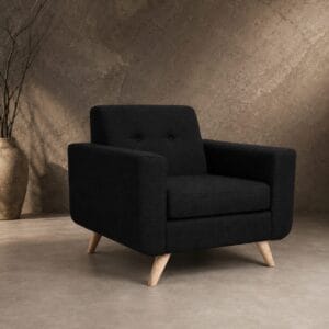 Monaco 1 Seater Sofa in black upholstery with wide armrests, a button-detailed backrest and angled light-toned legs
