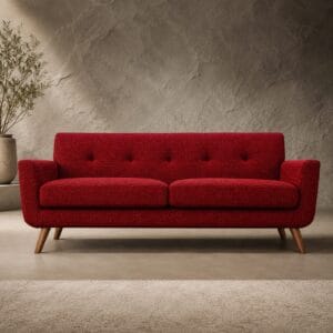 Monaco 2 Division Couch in red with buttoned backrest, two seat cushions, rounded arms and tapered legs