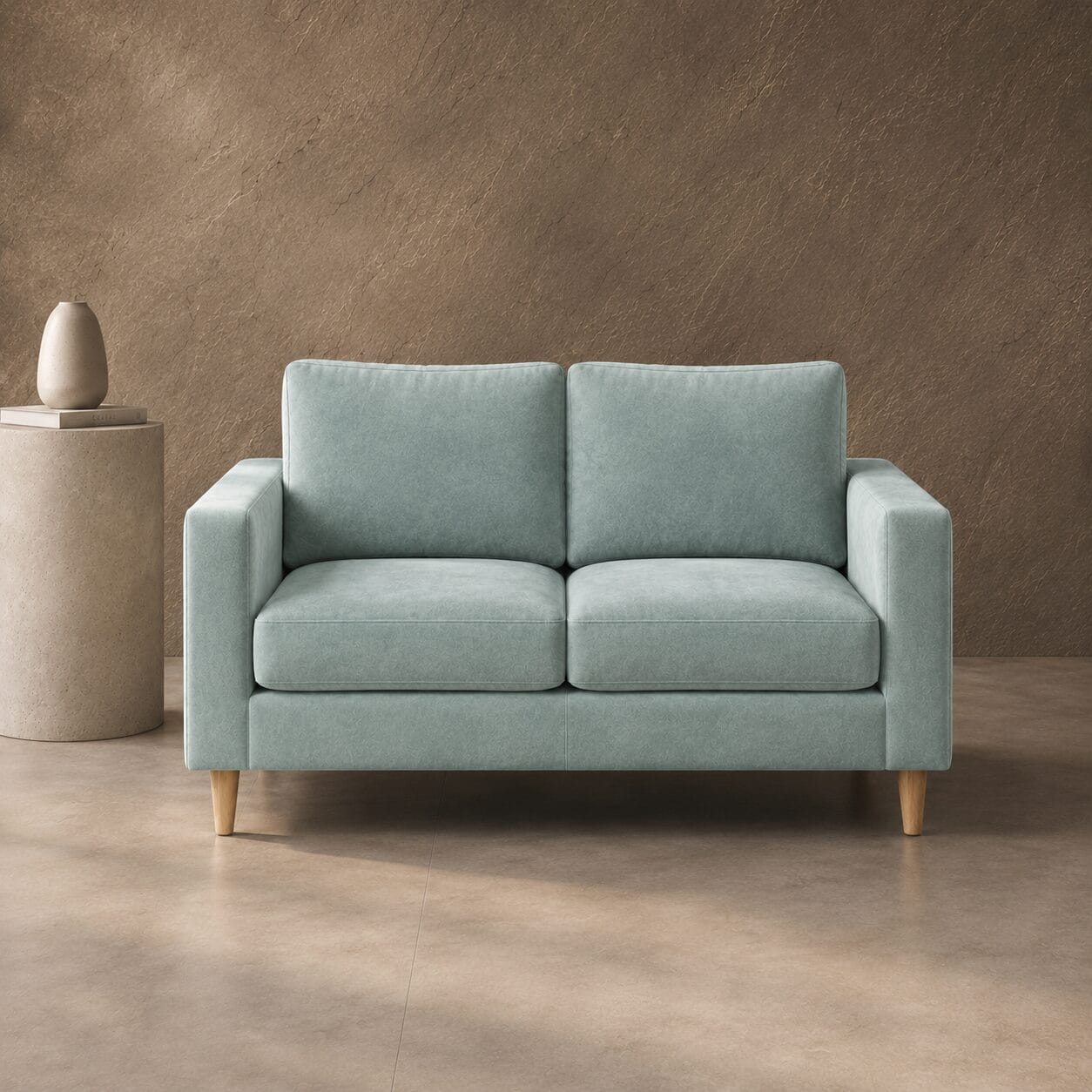 RITZ 2 DIVISION COUCH IN VELVET AQUA Ritz 2 Division Couch with 2 seat cushions, straight slimline arms and tapered legs in a Velvet Aqua fabric