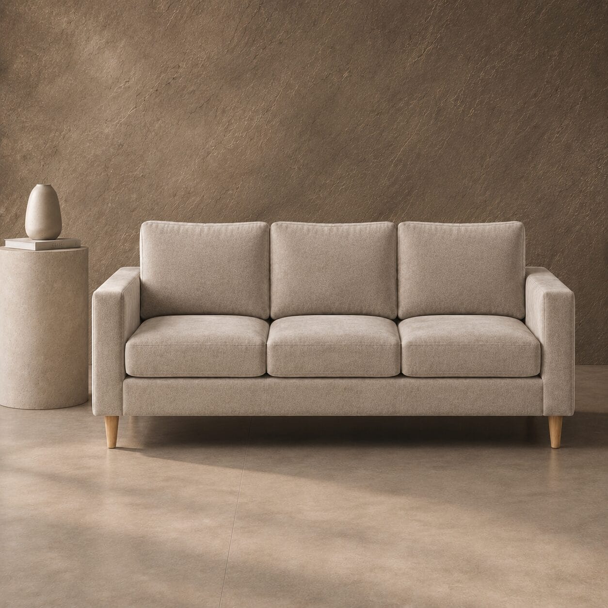 RITZ 3 DIVISION COUCH VELVET STONE Ritz 3 Division Couch with three seat cushions, straight arms and tapered legs in a light neutral fabric