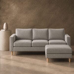 Ritz 3 Division Couch with Ottoman three seat cushions, straight arms and tapered legs in a light neutral fabric