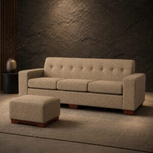 madison three division couch with matching ottoman in a beautiful woven light brown fabric