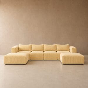 Pale Yellow corduroy custom modular couch with left corner, centre and right corner seats with Ottomans