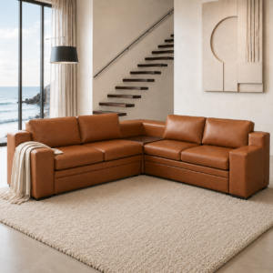 Delft Sleeper Couch in Naku Ginger leather closed view